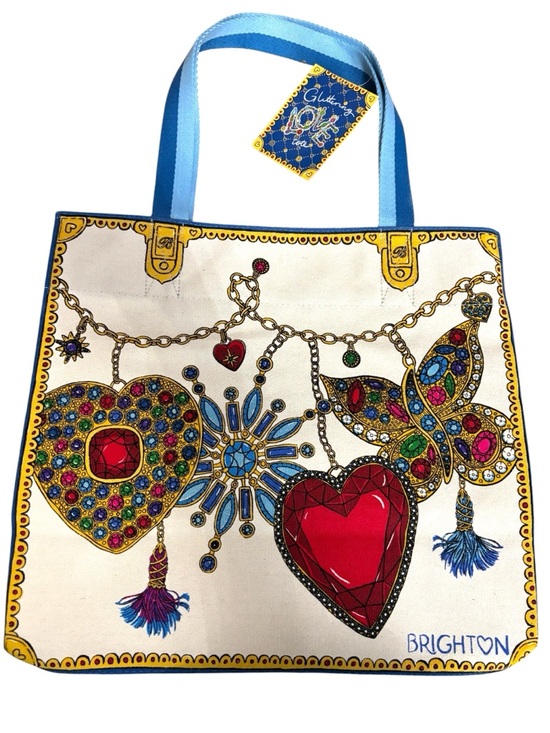 Brighton Handbags - Brighton Glimmering Love Tote Canvas Bag Blue Multi Heart Charm Print NWT: